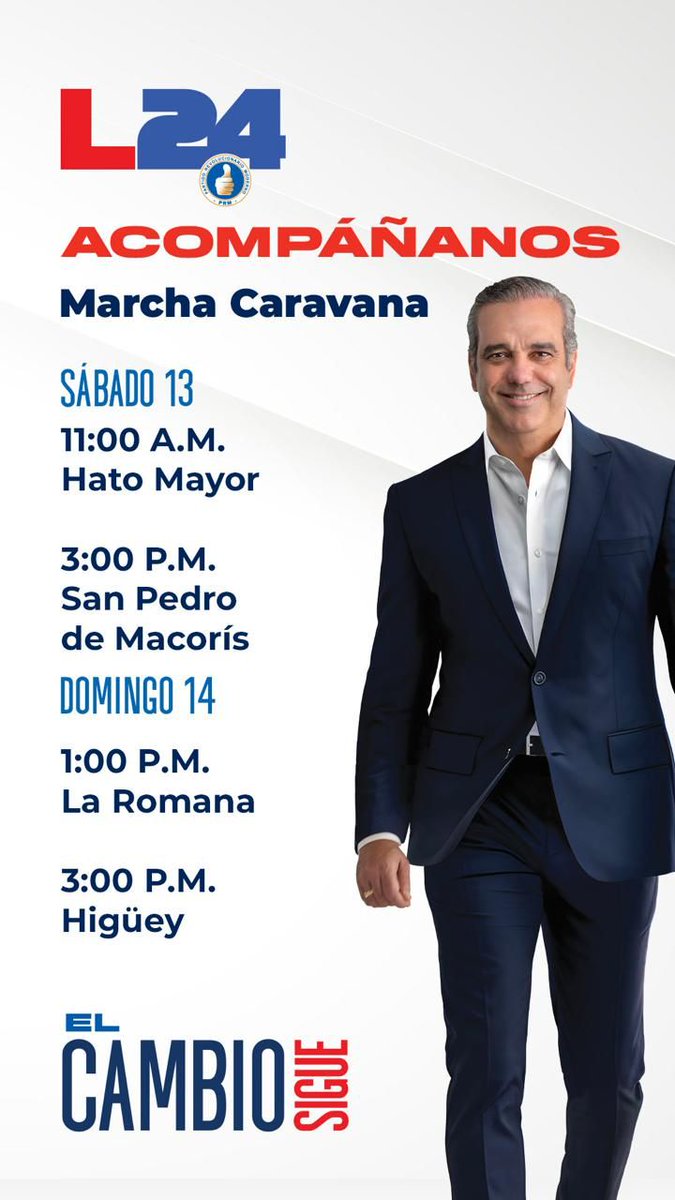 Atención Hato Mayor, San Pedro de Macorís, La Romana y Higüey: ¡Acompáñanos a la marcha caravana por la victoria que se aproxima este 19 de mayo! #Luis24 #VolveremosAGanar @PRM_Oficial