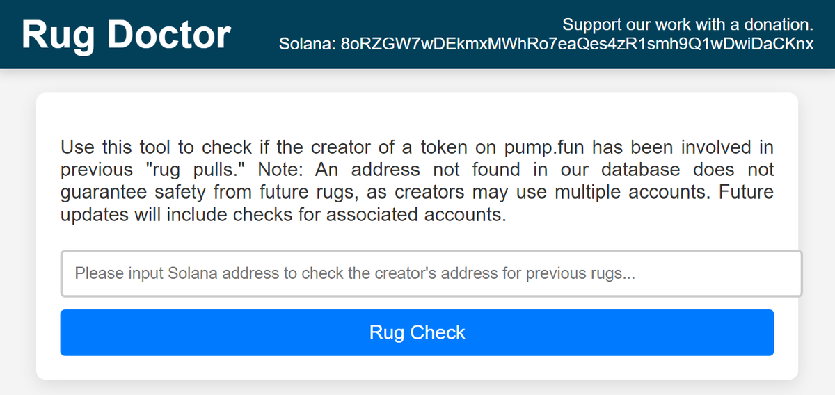 rugdoctor.fun Rug Doctor v0.1 is up and running. I take all trading data and using an algo pull out addresses of users that have rugged tokens on pump.fun You can search that database here. It's not foolproof but it's better than nothing. #pumpdotfun