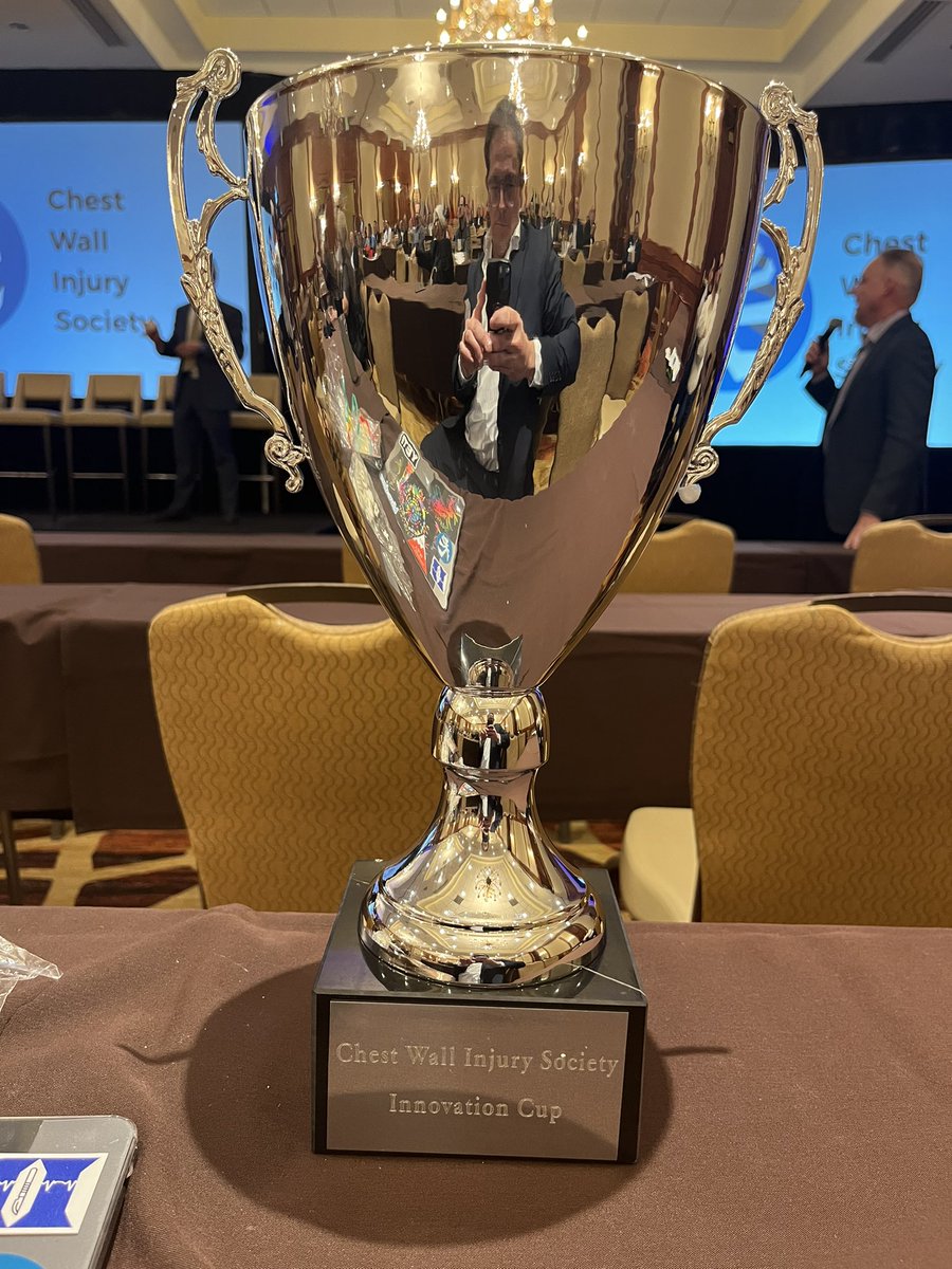 Thank you to @CWISociety for the honor and recognition of pushing the envelope of innovation for chest wall injury. Such an amazing trophy! @TraumaSTATLab - Creating solutions for trauma patient with thoracic injury where none exist. @DukeSurgery