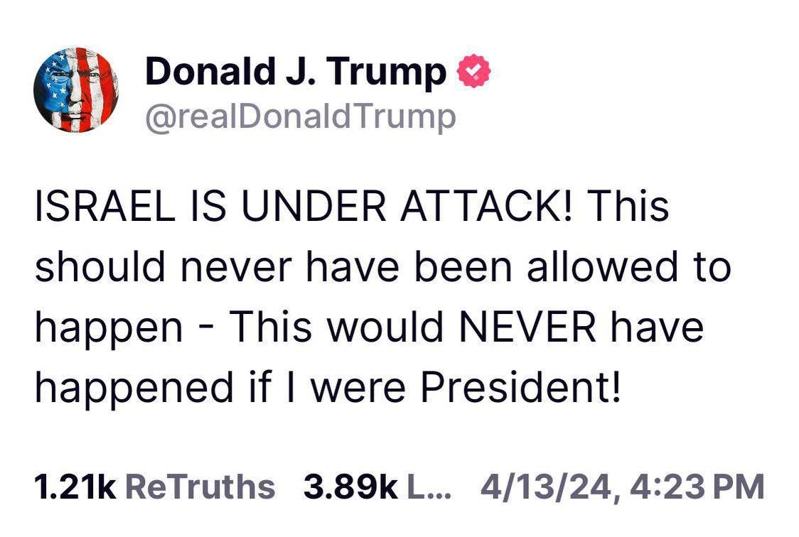 Former and Future US President @realDonaldTrump has already made a statement about Iran 🇮🇷 attack on Israel 🇮🇱. Meanwhile @JoeBiden is still waking up from his nap.