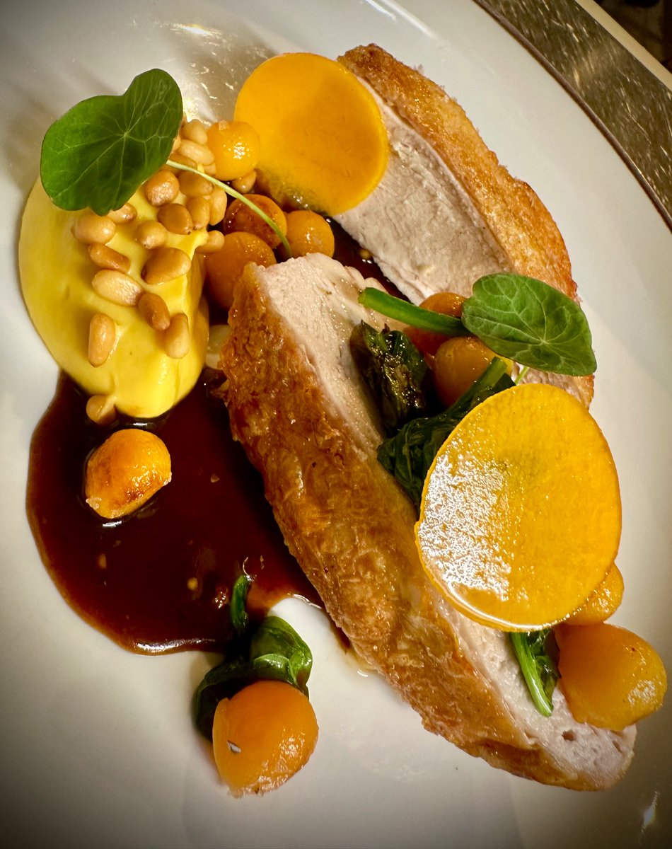 Roast chicken, butternut squash, toasted pinenuts, Szechuan jus #proper