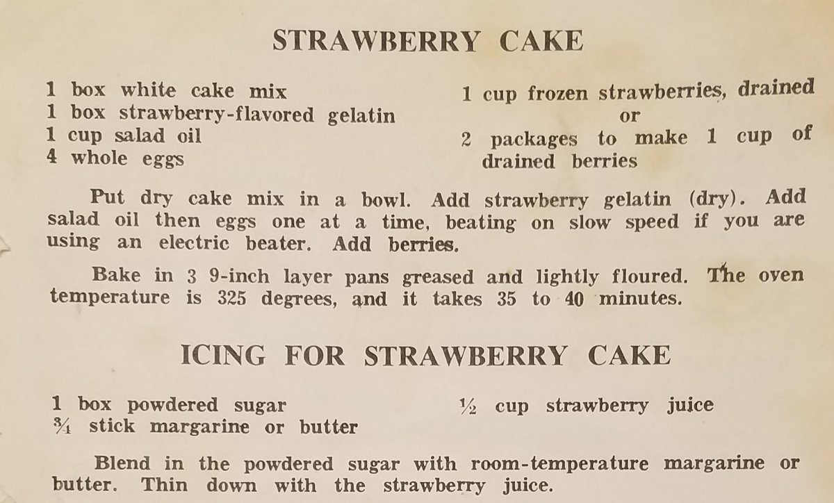 Strawberry Cake With Icing -- Unknown year

#StrawberryCake #icing #cakemix 
#oldrecipe #dessert #eggs #strawberries #comfortfood