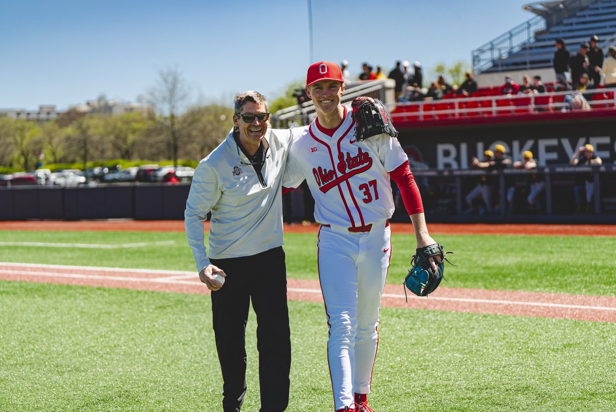 We were thrilled to welcome Dr. Grant Jones, who served as our team doctor for 26 years, to Nick Swisher Field at Bill Davis Stadium to throw out today's ceremonial first pitch! #GoBucks