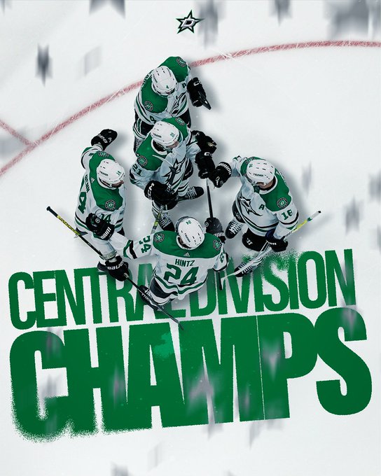 central division champs graphic with a photo from above of jamie, roope, joe, robo and miro celebrating a goal