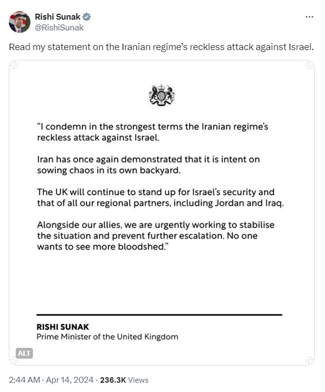 RT_com's tweet photo. ❗️UK PM Rishi Sunak issues statement on Iranian drone attack on Israel https://t.co/TltUaPtCYE