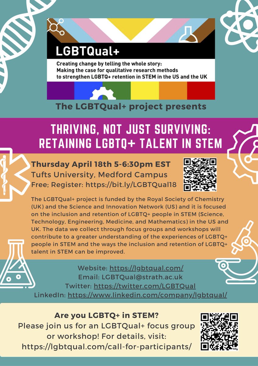Please share this amazing event coming up! Thriving, not just surviving: Retaining LGBTQ+ talent in STEM Thursday April 18th 5-6:30pm EST Tufts University, Medford Campus Free; Registration required: bit.ly/LGBTQual18