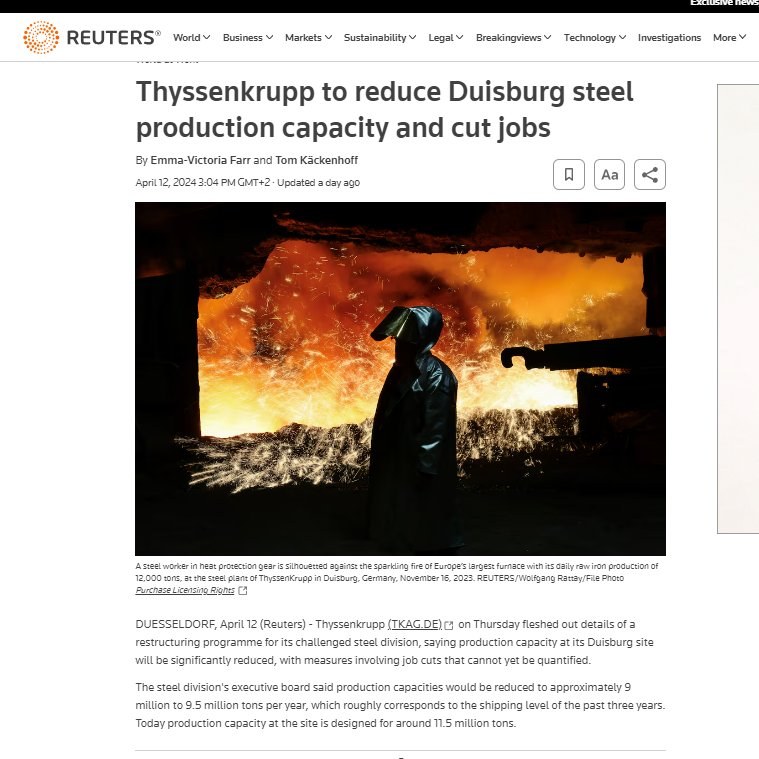 Krupp -> Bofors (kanoner) och Kockums (u-båtar) -> Investor.

'ThyssenKrupp, Germany's largest steel company, has announced that it is reducing steel production by 20-25%, from 11.5 million tons per year to 9 million tons of steel per year.'