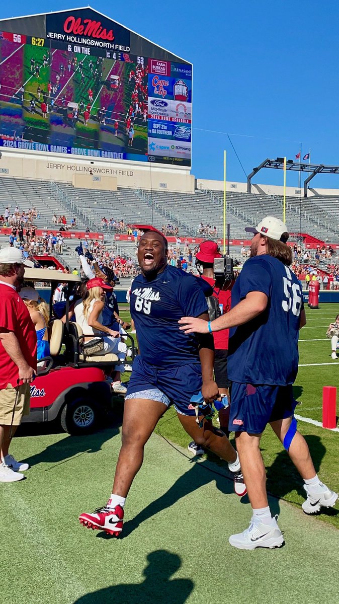 Landry and Monte Kiffin crossing the finish line in the golf-cart-push portion of the obstacle course. Hotty Toddy! 

(📸: @KarisChambliss, RW)