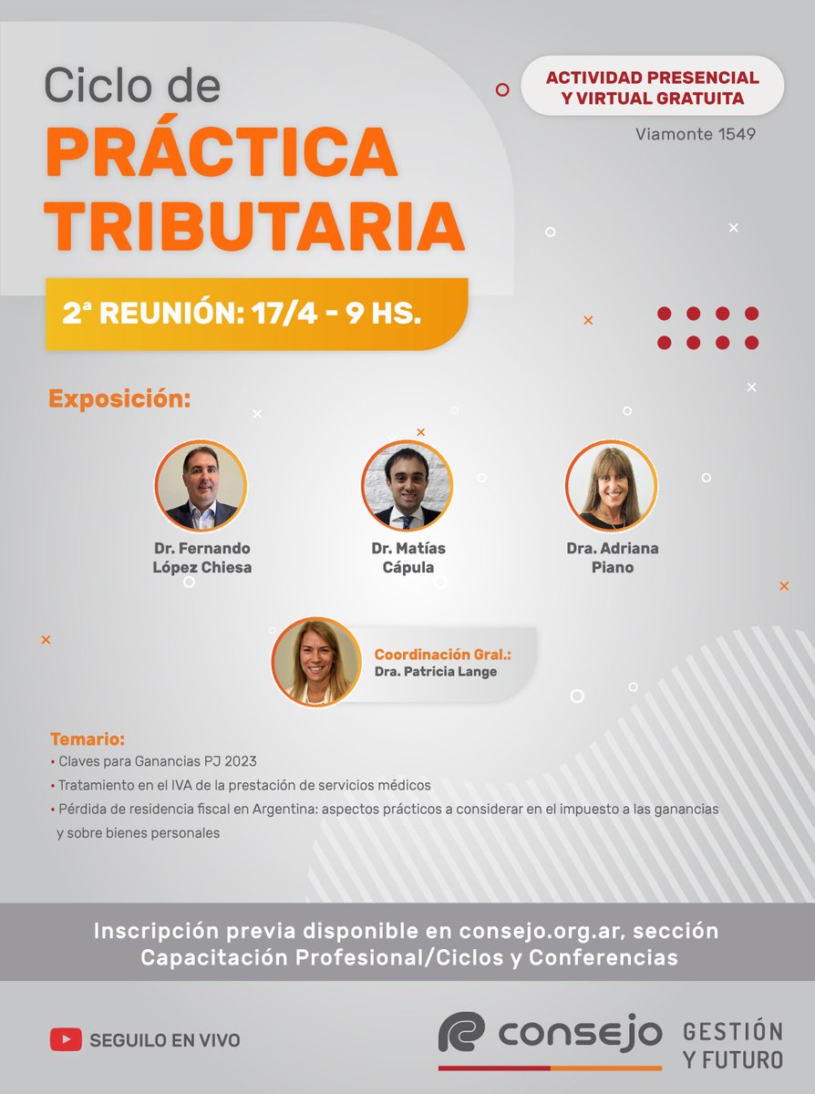 matiascapula's tweet photo. Los esperamos en la 2° reunión del Ciclo de Práctica Tributaria en el @ConsejoCABA.
📅 Miércoles 17/4
🕐 9hs.
Actividad presencial y virtual gratuita.
Mi tema: "Tratamiento en el IVA de la prestación de servicios médicos"
#impuestos #iva https://t.co/Dc5kDPRfXJ
