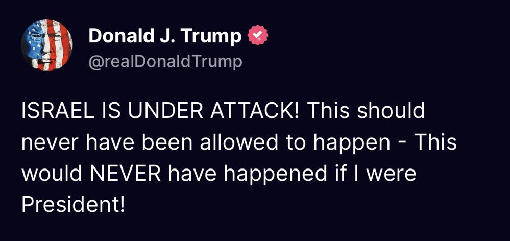 BREAKING.🚨 Donald Trump, who Biden once accused of wanting to start a war with Iran, addresses the nation. “ISRAEL IS UNDER ATTACK! This should never have been allowed to happen - This would NEVER have happened if I were President!”