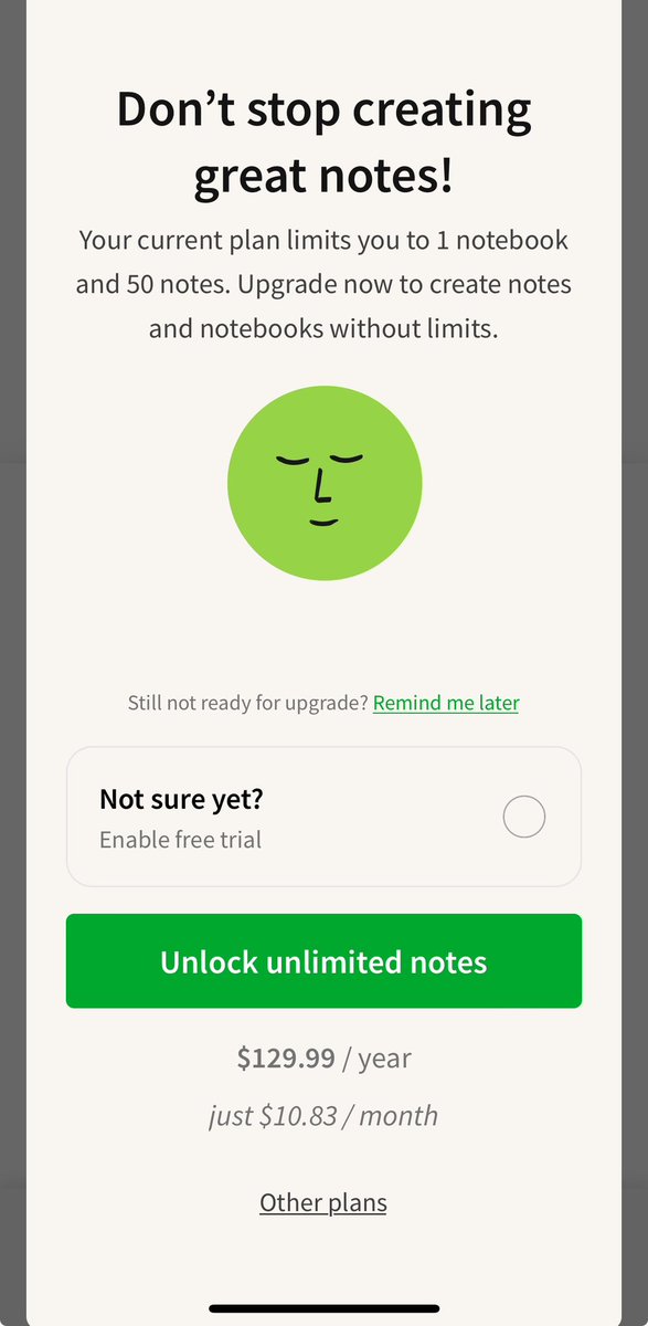 Can any #ux designers spot the trouble with this screen? Not sure why @evernote continues to assault loyal users (10+yrs) w/ pop-up traps 🪤 upon every single time using the app. Design tip: this isn’t the way to earn back my subscription dollars 😁