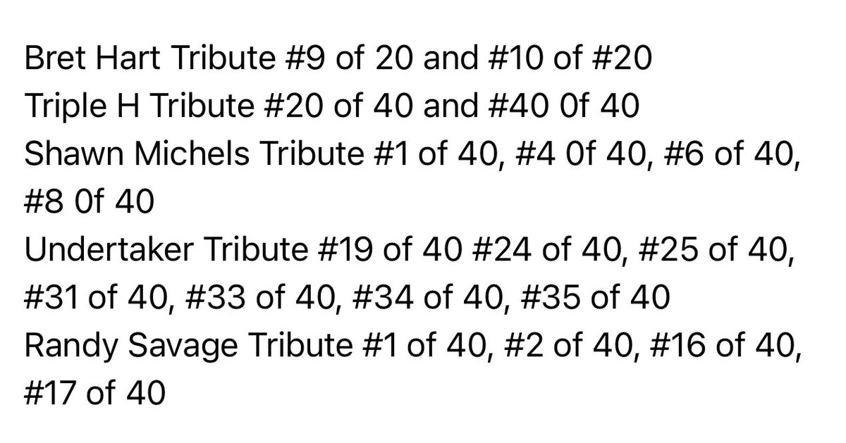 Been awhile since I’ve posted this, and I’ve gotten several new followers, so reposting this ‘needs’ list for the WWE Topps Tribute sets. I’ve been quietly chipping away at them for awhile now, and I’m down to needing just 19 more cards to complete this project. Can anyone help?