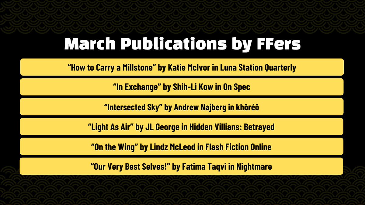 There was @_McKatie_ in @lunaquarterly, @shihlikow in @OnSpecMagazine, @AndrewNajberg in @KhoreoMag, @jlgeorgewrites in Hidden Villains: Betrayed, @lindzmcleod in @flashfictionmag, and @FatimaTaqvi in @NightmareMag! 3/