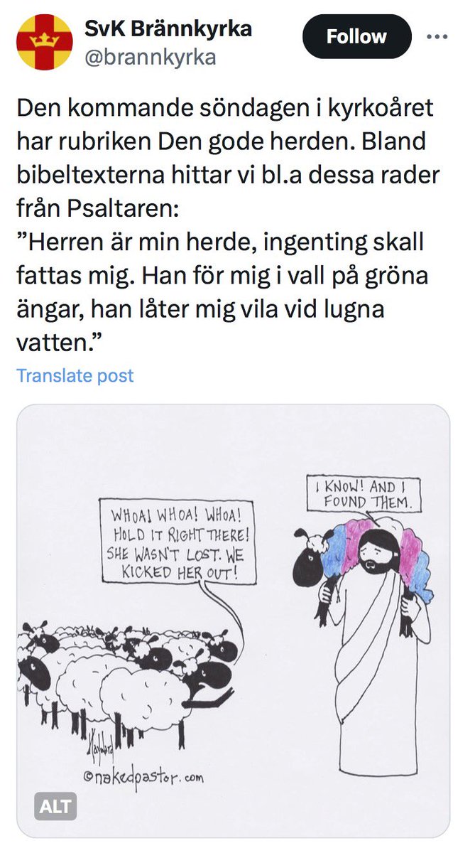 jonazv's tweet photo. Jag skäms å Sveriges vägnar, och är stolt över att Svenska kyrkan rakryggat står upp för kärlek och varje människa rättighet att fullt ut vara sitt gudomligt unika jag.
#transammans 
Bild från @brannkyrka twitter-konto https://t.co/gogsQMLuVf