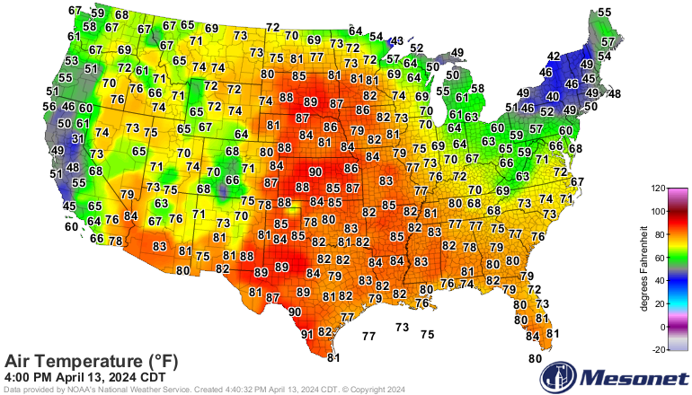 Big warm up in Central USA Temperatures are rising above 90F/32C in South Dakota at Winner and Mitchell. It's very remarkable but not unprecedented for mid April. The warmth will expand and move East next days with the first taste of summer in the Central/South East coast.
