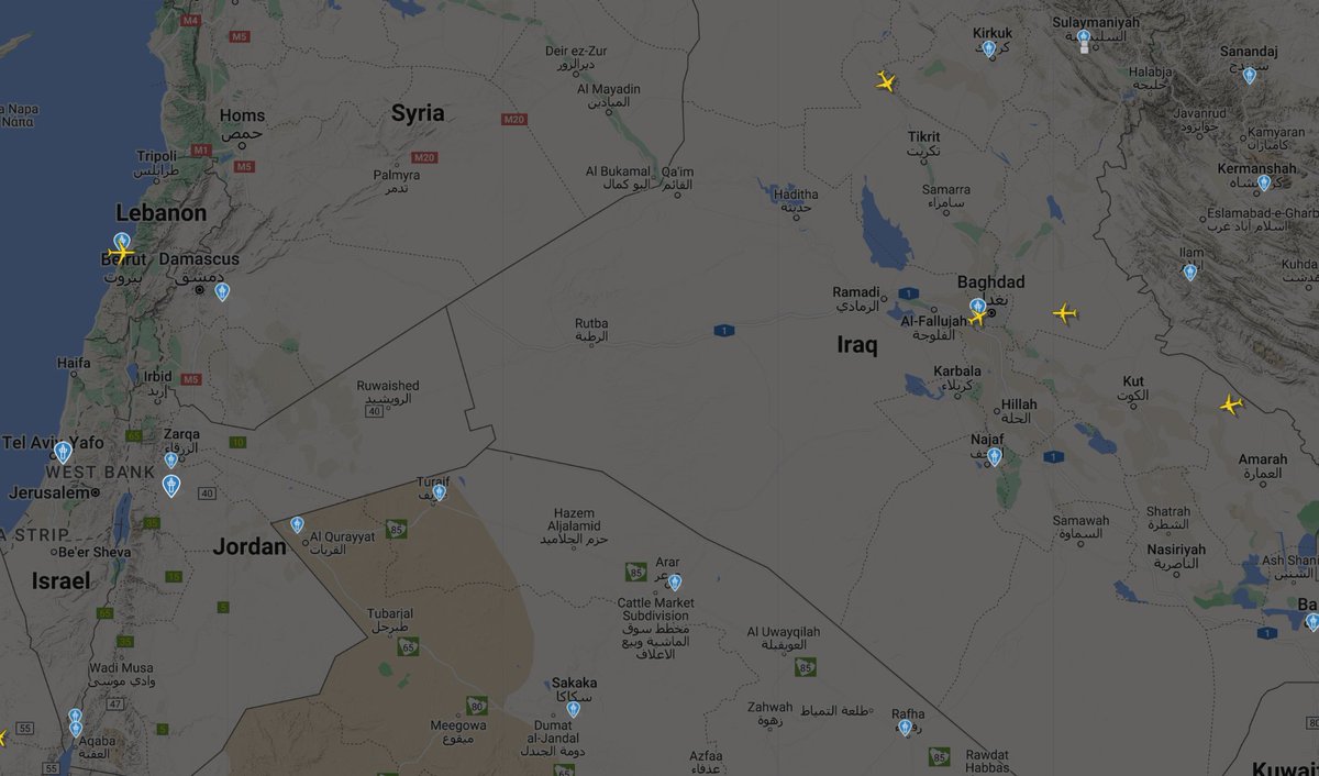 Airspace over Iraq, Syria, Jordan, Lebanon and Israel. (Source: Flight Radar 24) #Iran #IsraelIranWar #Isreal