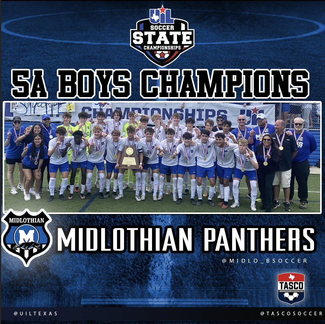 Congratulations to the Midlothian Panthers for winning the 5A Boys State Championship Title in the #UILState Soccer Championships! #TASCO #TXHSSoccer #TXHSSoc @UILState @midlo_bsoccer
