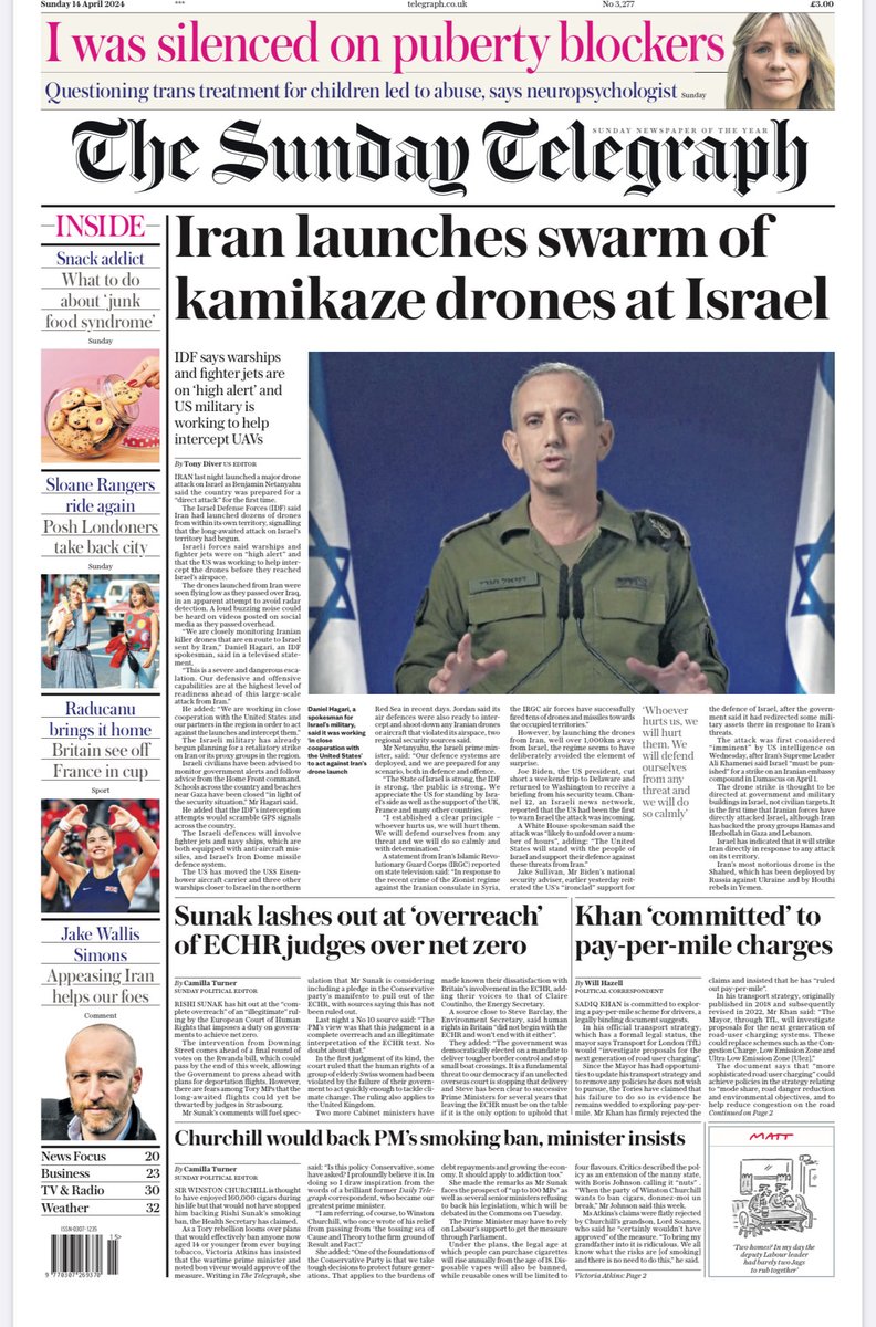 Iran launches kamikaze drone attack on Israel - Sunday @telegraph p1