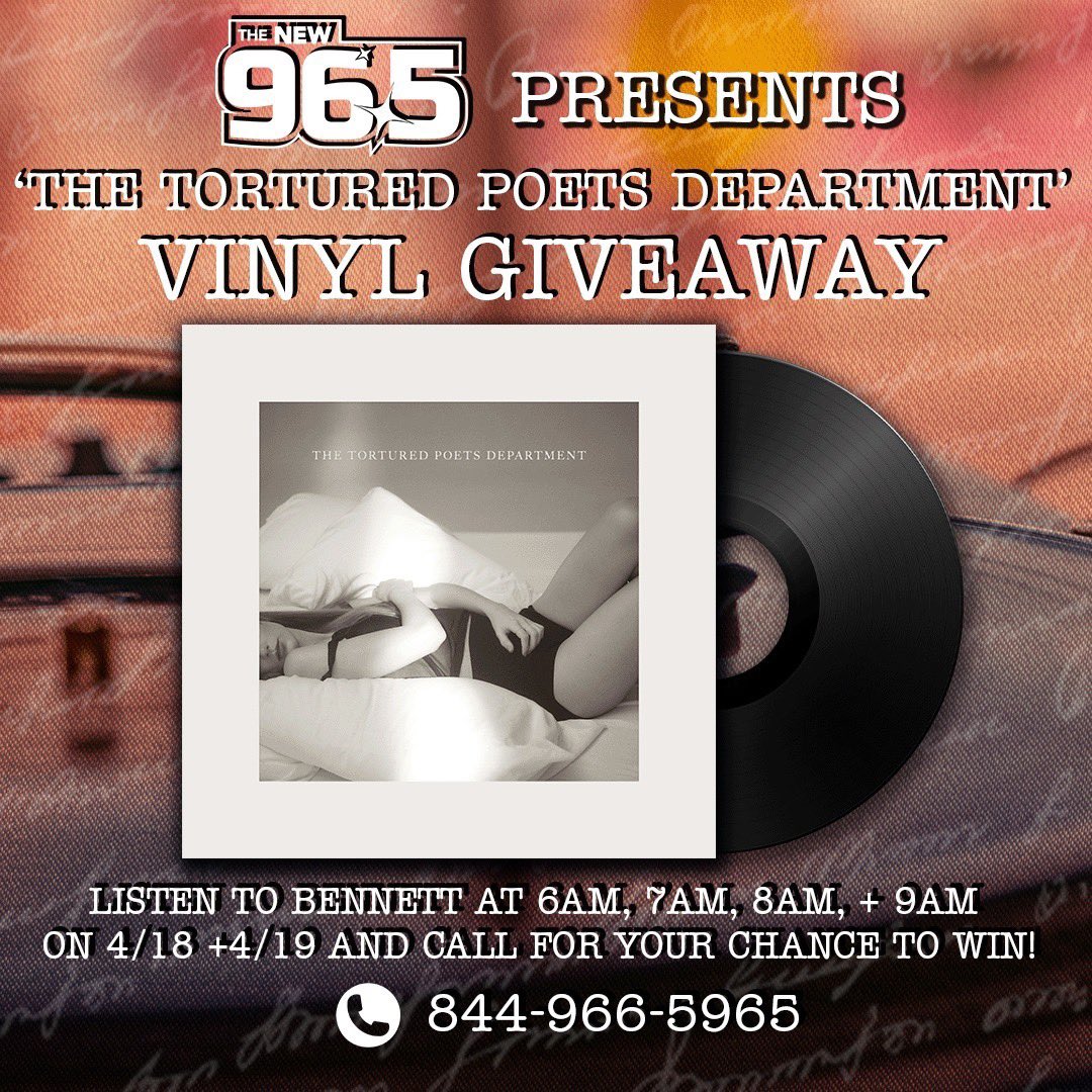 Calling all #Swifties! 🤩 Listen to @BennettOnAir on #NEW965Philly next week for your chance to win Taylor Swift's new album, THE TORTURED POETS DEPARTMENT, on Phantom Clear vinyl, only available at Target! 💿 Tag your besties to let them know! #TSTTPD  🌐 audacy.com/new965philly/c…