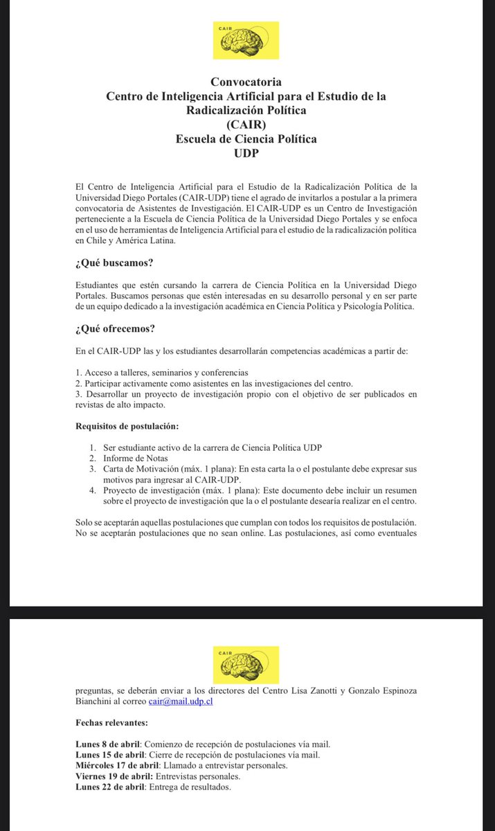 Faltan pocos días para postular al Centro de Inteligencia Artificial para el Estudio de la Radicalización Política (CAIR-UDP). Postulaciones e info a cair@mail.udp.cl @eljorobado @espbian