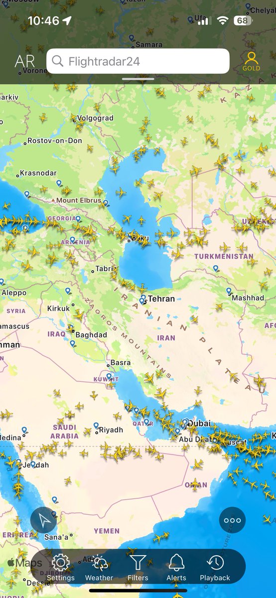 This is what the airspace looked like less than 24 hours ago and what it looks like now. Airspace over Iraq and Iran is a major link between Asia and Europe. Lots of added flight times expected. We wrote this back in October but seems suddenly relevant. bloomberg.com/news/articles/…