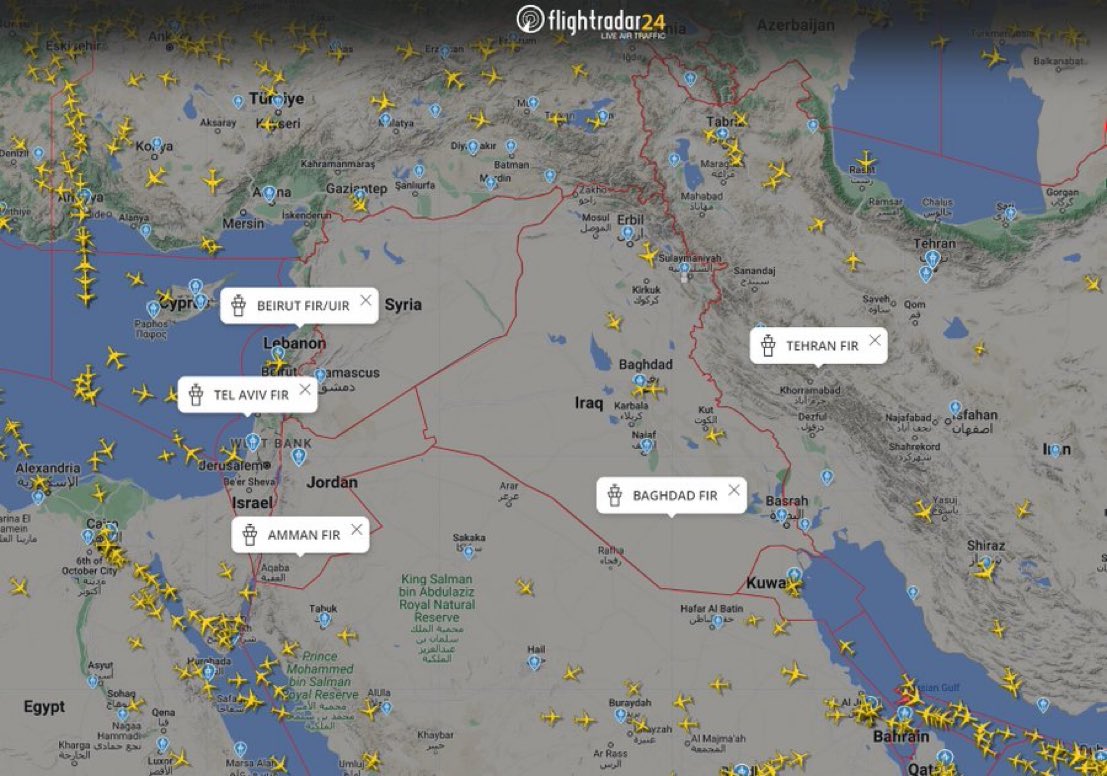 Resmi NOTAM'lara göre durum 21:35 UTC saatinde. * İran hava sahası yalnızca VFR uçuşlarına kapalıdır. * Ürdün hava sahası kapatıldı. * Irak hava sahası kapatıldı. * Lübnan hava sahası kapatıldı. * İsrail hava sahası kapatıldı.