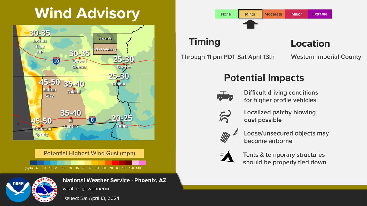 A wind advisory is in effect for western Imperial County through 11 PDT this evening. Wind speeds will pick up over the next several hours, with peak wind gusts of 40-50 mph expected this evening. #cawx