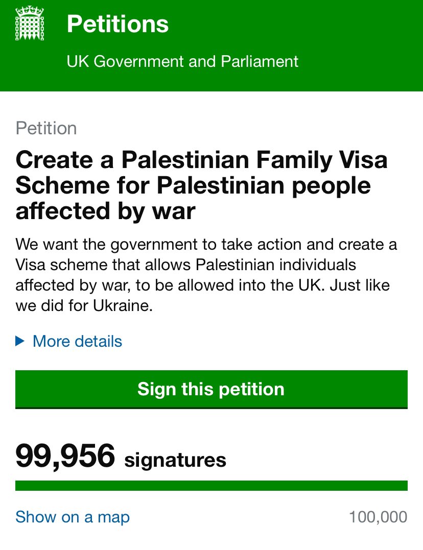 I’m not sure about petitions. And I know they shouldn’t be necessary for this. But only 44 signatures needed on this one. Make them try and rationalise their actions against Palestinian people. petition.parliament.uk/petitions/6485…