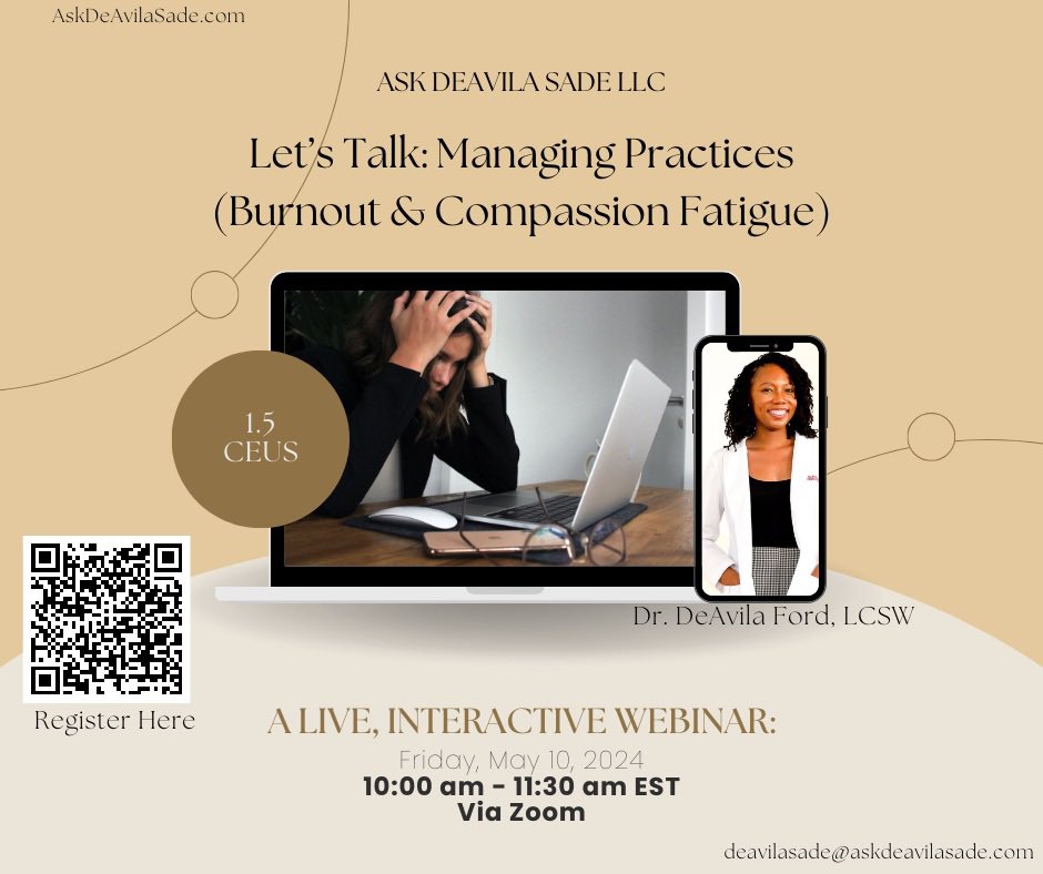 Looking to learn more about the impact of burnout on people working in a helping field?

- Check out my research published in the Journal of African American Studies (rdcu.be/dnu5S)

- Register for my live webinar and earn 1.5 CEUs! 🔗 askdeavilasade.com/product/lets-t…