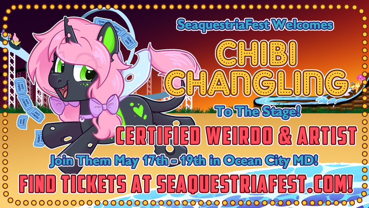 Seaquestriafest's tweet image. ✨ A CHANGELING IS AHOOF ✨

And it's none other than the Certified Weirdo &amp;amp; Artist @chibichangeling 
They're a self-taught artist, a self-described crazy cat parent and they love to draw anything pony, furry and horror!

🎨 @Slushhorse (Character Art) &amp;amp; @Gobiraptor (BG)
