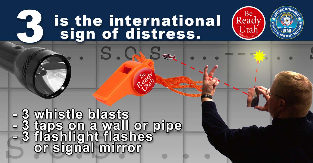 #Prepare for emergency signaling: 3 is the international sign of distress. 3 whistle blasts, 3 flashes from a flashlight or signal mirror, 3 gunshots, or 3 taps on a wall or pipe. Lost? Trapped? Remember THREE. Learn about signaling from Be Ready Utah: ow.ly/HQo330sg8Kn.