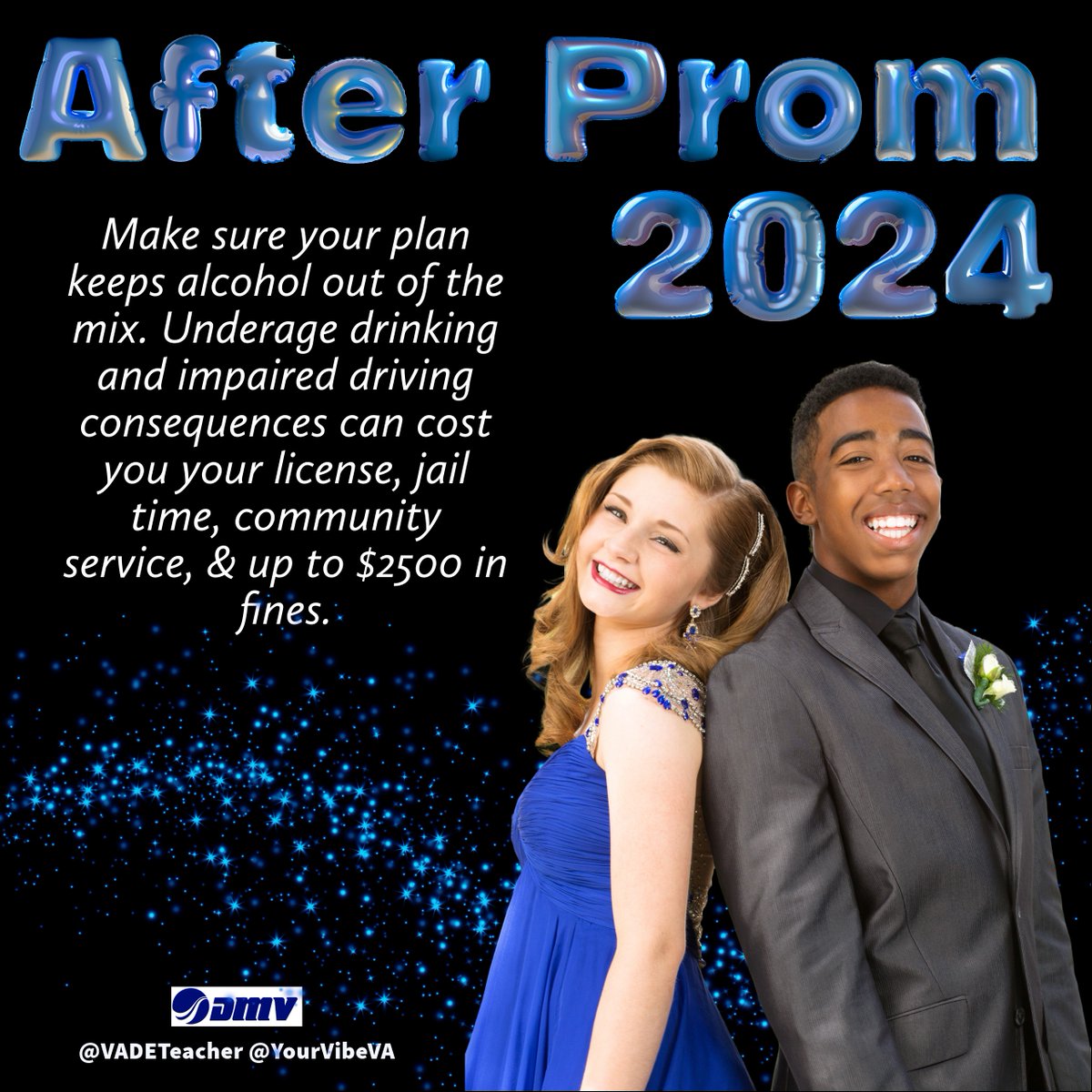 After Prom 2024
Make sure your plan keeps alcohol out of the mix. Underage drinking and impaired driving consequences can cost you your license, jail time, community service and up to $2500 in fines!
How are you planning after prom?
#MySpringVibe #ArriveAlive