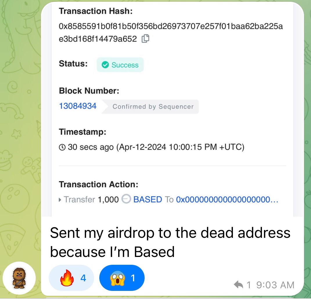basegotbased's tweet photo. THIS JUST IN 

🟢 Community sent 1000 to the dead address

$BASED https://t.co/g2qIUU463F