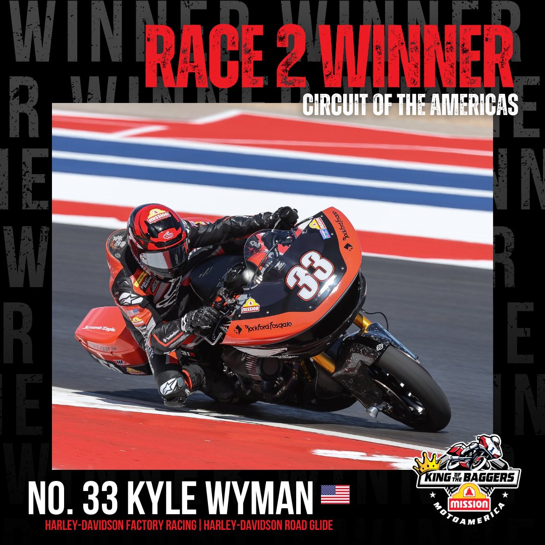 Congratulations @KyleWyman, our Mission King Of The Baggers race 2 winner! #MotoAmerica | #Baggers | @COTA | @MissionFoodsUS | @harleydavidson