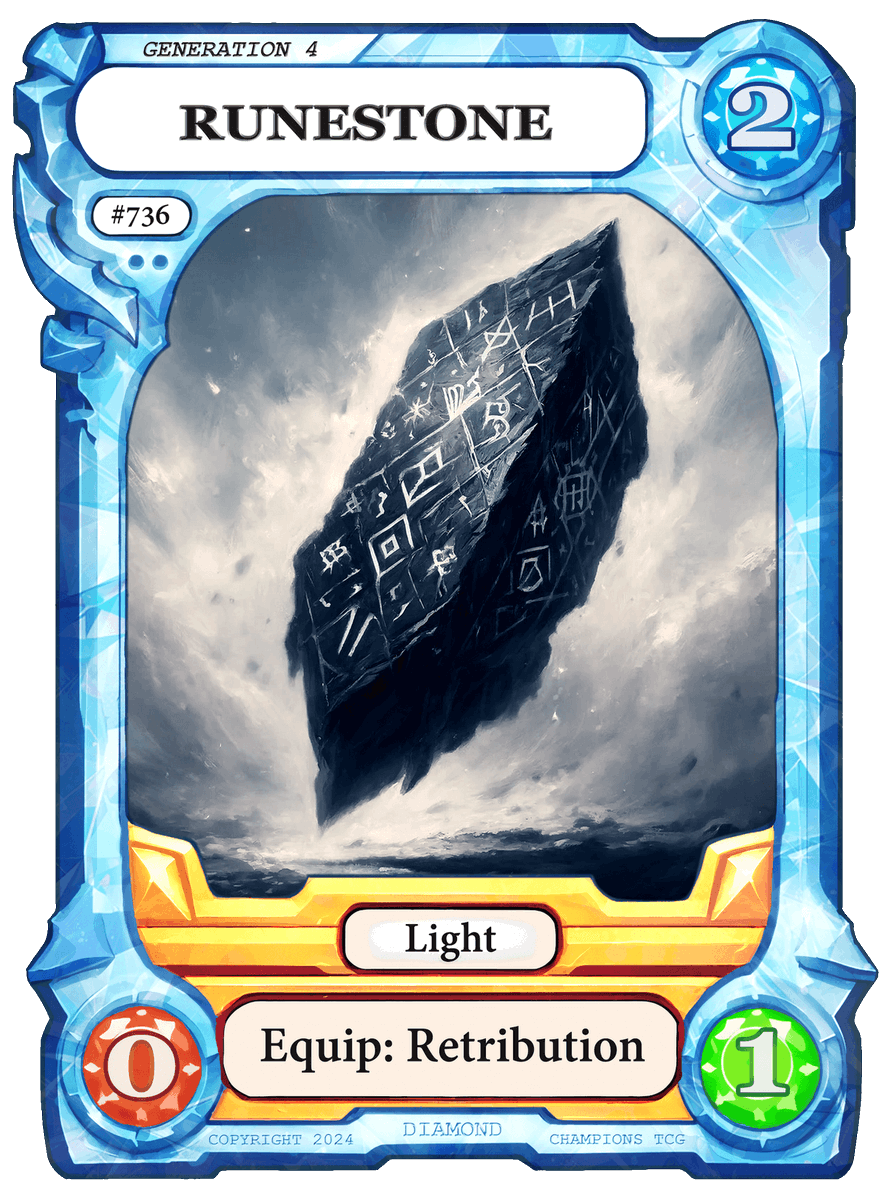 DevelopingZack's tweet photo. Are you f*cking kidding me?!?!? 
This #Runestone IS THE meta. 

@ChampionsTCG_ Generation 4 is are launching April 18th and they gave me the privilege of bringing you the first sneak peak. 

First of all, the runestone meta is epic. 
Second, it has a new Diamond border I haven't seen. 
Third, its a light & retribution with a 1HP which is a crazy combo. 

This is a destroyer! 

Like & Retweet if you want more alpha :D