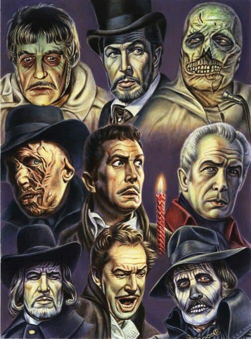 HPL_JDeLaughter's tweet image. 💀The Master of the Macabre, Mr. Vincent Price in a collage of his many horror portrayals!🎨Art: Chris Roberts💀#VincentPrice #DrPhibes #Monster #TheMasterOfMenance #HorrorArt #Horror