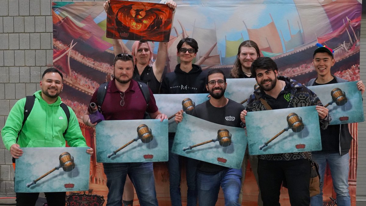 SCGCON's tweet photo. 🔨 Exclusive playmats in hand, these players have made it to the Top 8 in the #fabtcg Battle Hardened. Now they're focused on clinching a PTI and the coveted Random Gold Cold Foil Legendary. Good luck! 🐉 #SCGAtlanta https://t.co/wa282tlCzm