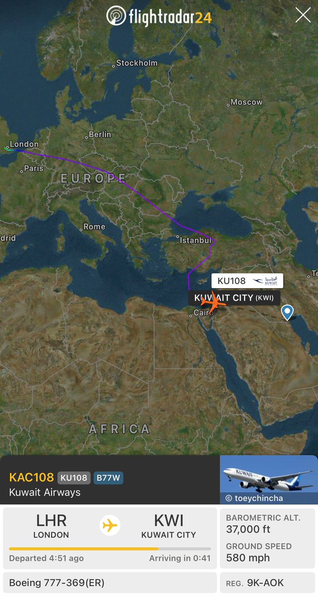 Kuwait Airlines KAC108 from London to Kuwait City, is currently showing a track through Israel approaching Jordan.

I don’t think the pilot and crew are saying f$&amp;@ it, it is more likely that the track was lost over the Mediterranean, and this is not its actual position.