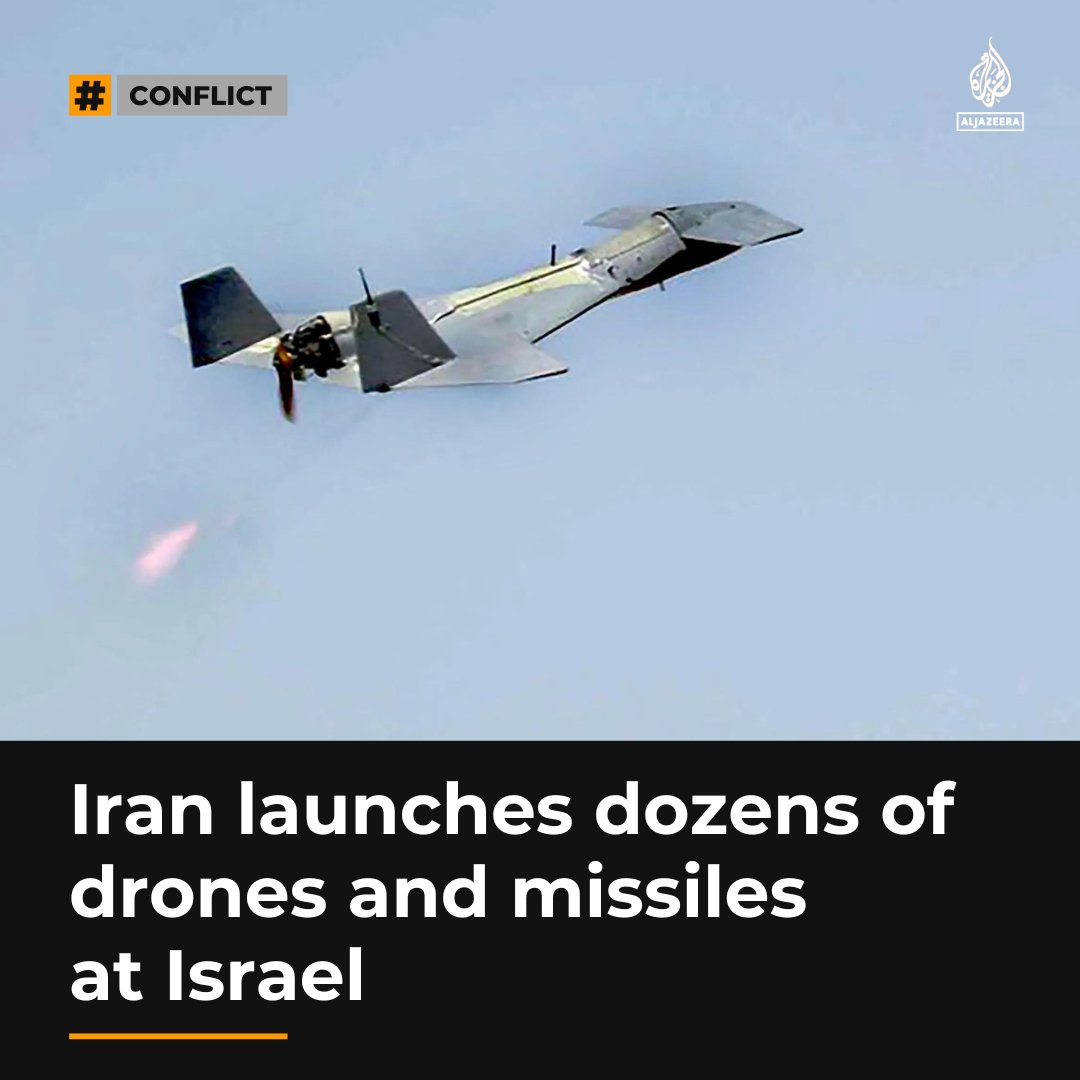 AJEnglish's tweet photo. Iran has launched dozens of drones and missiles at Israel, the country’s Islamic Revolutionary Guard Corps (IRGC) confirmed, after Israel said Tehran had begun attacks.

🔗: https://t.co/N38DjnGWAg https://t.co/KZPVBVFGLc