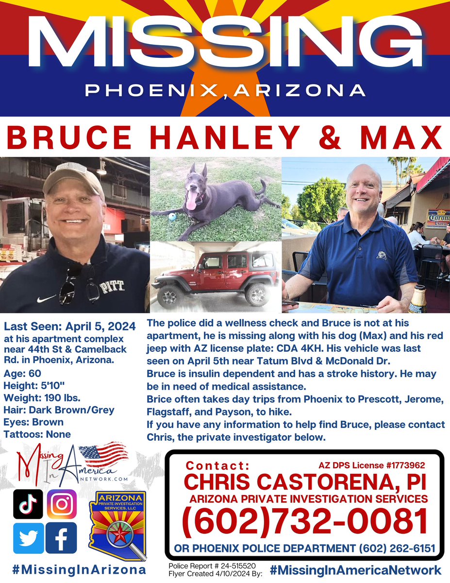 Bruce Hanley & his dog Max 🚨 MISSING 🚨 #BOLO 👀 Phoenix, Arizona since 4/5/24 He could be near hiking trails in other parts of Arizona. #MissingInAmericaNetwork 🇺🇸 #MissingInArizona #CareAndShare 💛@GurlGeekInFL @Peanut_Gallery3 @ArcticfoxTrue @miracle4missing…
