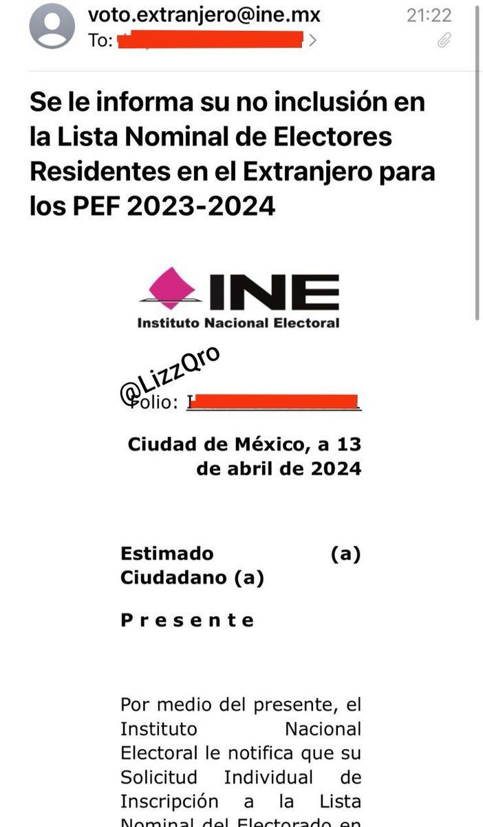 LizzQro's tweet photo. ¿A ver, @INEMexico porque a ciudadanos mexicanos que reunieron todos los requisitos para votar en el extranjero, están recibiendo este aviso? #Expliquen
Atención @Mx_Diputados @XochitlGalvez @AlvarezMaynez @Claudiashein @mario_delgado @MarkoCortes
@INEMexico
@lopezobrador_ https://t.co/3wrRmNRwtO