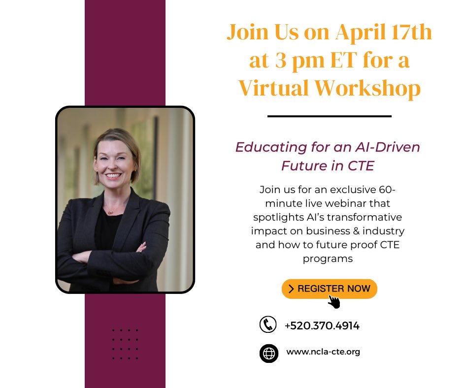 Join us on Apr 17, 3PM ET: 'Educating for an AI-Driven Future: Empowering CTE Leaders.' @RachaelEdu will share AI's impact on education & workforce, with tools & strategies for CTE leaders. #CTELeaders #AI #Careerteched Register now: us06web.zoom.us/webinar/regist…