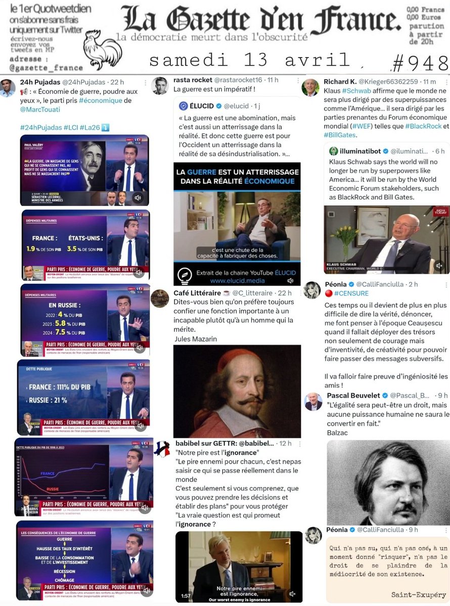 gazette_france's tweet image. Samedi 13 Avril _ N°948
 📲 Votre #Quotweetdien #GazetteDenFrance 🗞 🇨🇵 
Le seul journal qui s'abonne à ses abonnés.
@MarcTouati @Krieger66362259 @C_litteraire @babibelle33
 @Pascal_Beuvelet @CalliFanciulla @elucid #RastaRocket 
#FreeAssange