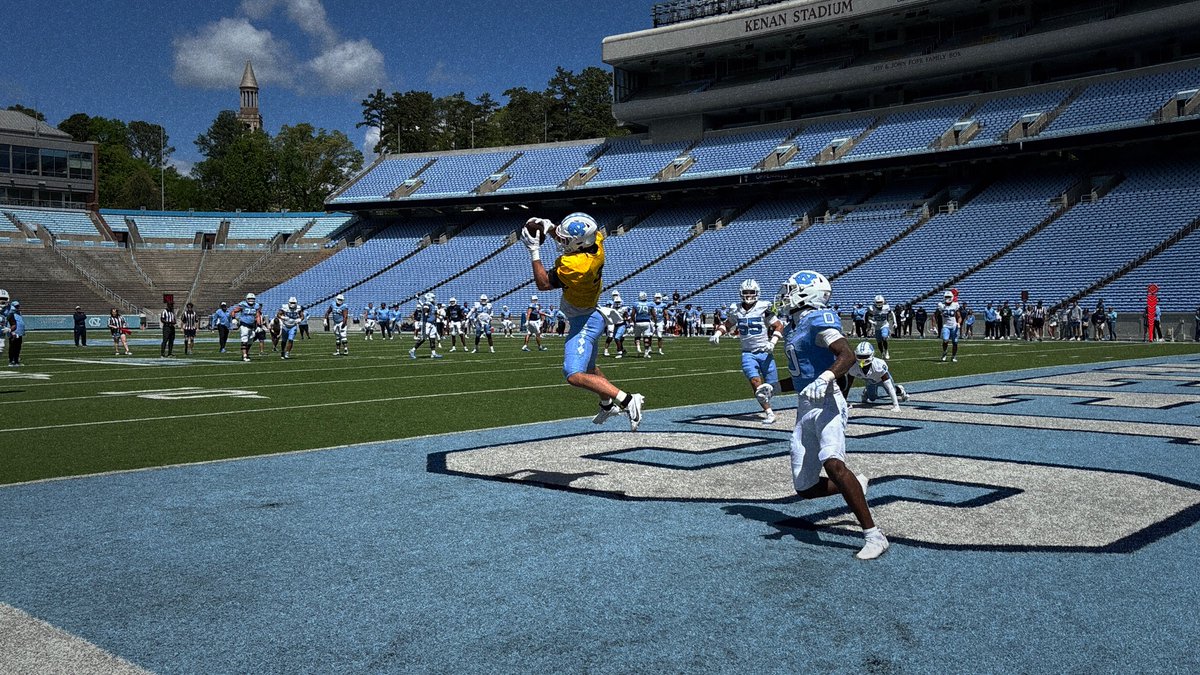 Old-timers remember Saturday spring scrimmages starting at Noon and before it was over, the Bell Tower clanging out five bells. Things a bit tamer these days but productive nonetheless, with safety @willhardy_5 wrapping up Saturday's @UNCFootball proceedings with end-zone pick.