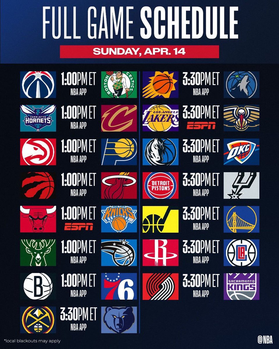 All 30 teams in action on Sunday ‼️ ▪️ 3-way tie record-wise for the top spot in the West ▪️ NOP & PHX battle for 6th seed ▪️ 1 Game separates 8-10 seeds in West ▪️ 7 spots undetermined in the East ▪️ MIL, NYK, & CLE seek the 2 seed in East ▪️ ORL, IND, PHI & MIA have chance at…