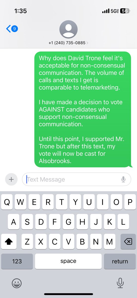Cliff Driver (@driver_cliff) on Twitter photo The political machine has went too far in my opinion. If you call/text for your political campaign without my consent/registration, I pledge to vote AGIANST you in the election.
<a href="/davidjtrone/">David Trone</a> just officially lost my vote. The political machine has went too far in my opinion. If you call/text for your political campaign without my consent/registration, I pledge to vote AGIANST you in the election.
<a href="/davidjtrone/">David Trone</a> just officially lost my vote.