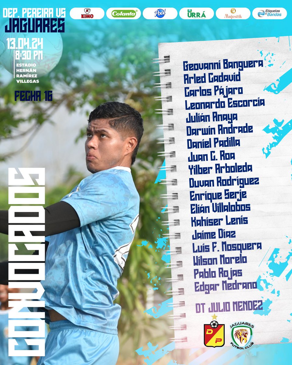 Estos son los 18 convocados por el Profe Julio Méndez para enfrentar al Deportivo Pereira en el estadio Hernán Ramírez Villegas. 🏟️ 💙 ¡Confiamos en que nuestros Jaguares desplegarán todo su talento para traer los 3 puntos a casa! 🙌⚽