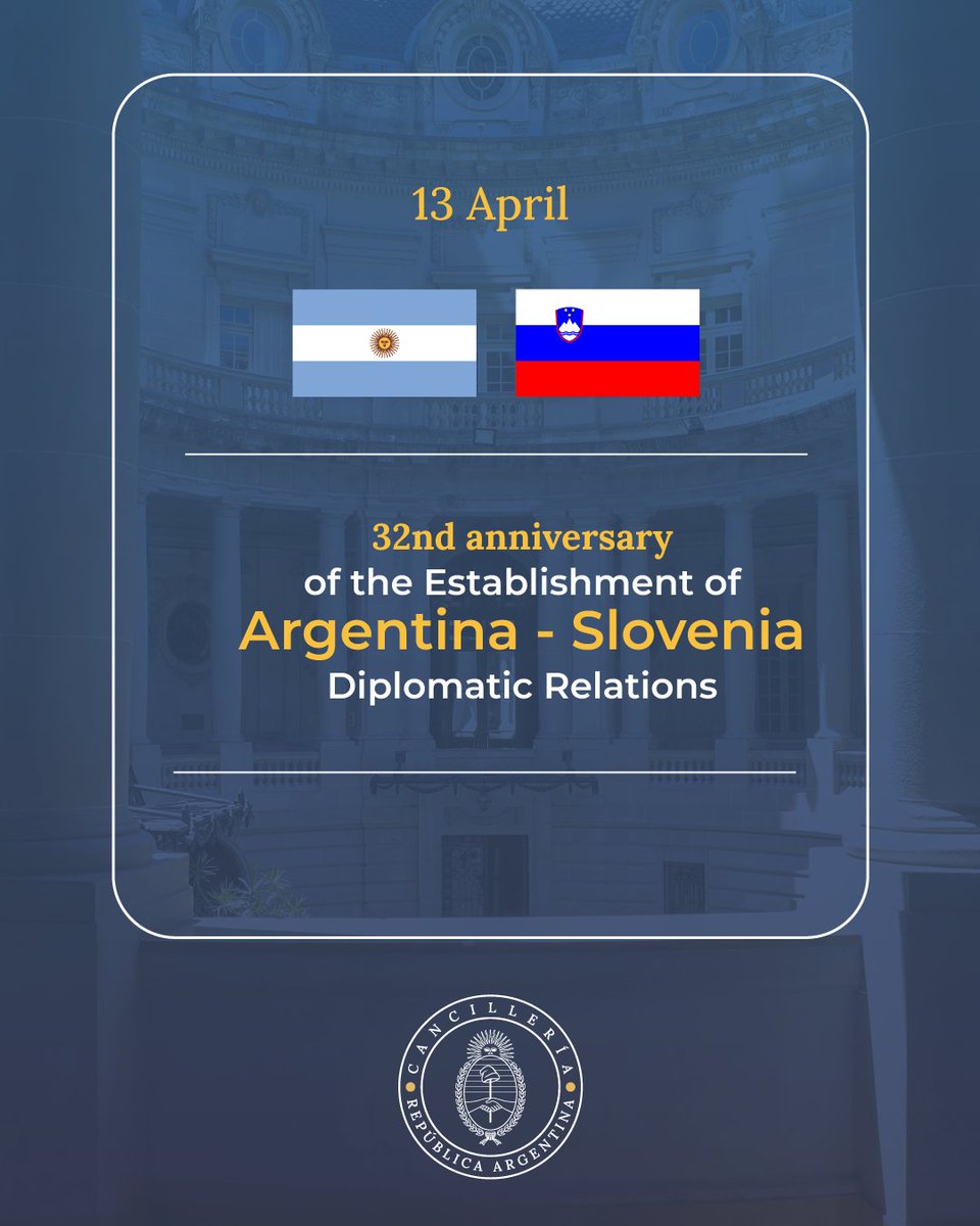 Today we celebrate 32 years of the establishment of diplomatic relations with Slovenia 🇦🇷🇸🇮 In the context of the historical friendship between our countries, we renew our desire to continue strengthening our bilateral bonds and deepen our joint work in areas of mutual interest.