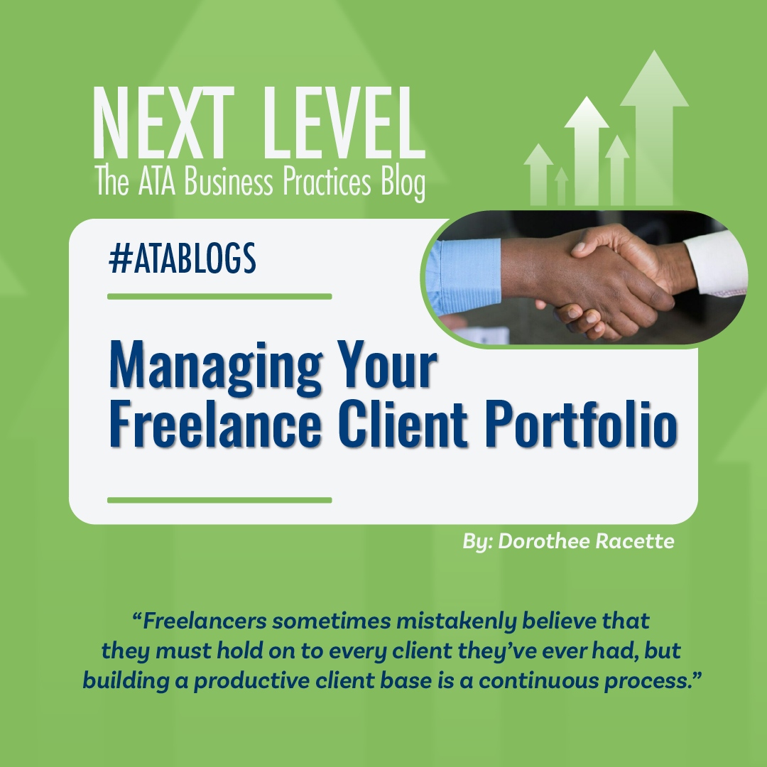 What do you do when clients who keep sending you entry-level work are taking up too much bandwidth? 😱

Learn about managing your freelance client portfolio on the ATA Next Level blog ➡️ atanet.org/business-strat…!
.
.
.
#Freelance #Clientele #Portfolio #xl8 #1nt #ATABlogs #ATA