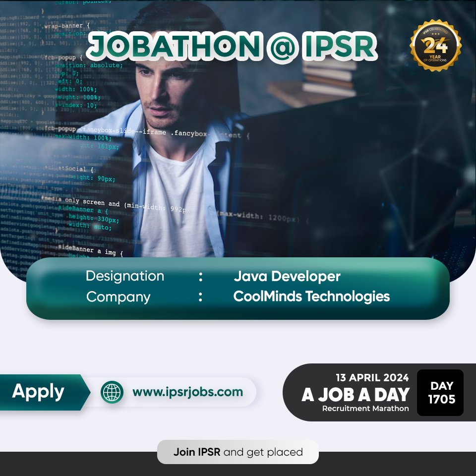 #JOBATHON Recruitment Marathon by ipsr solutions ltd Day 1705 Follow us @ipsr_solutions_ltd #ipsr #24yearsofipsr #careeropportunity #ltjobs #MNCJobs #techcelerating_careers #softwaredeveloper #softwarejobs